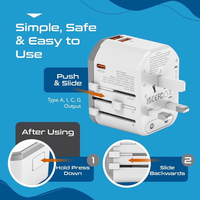 Ceptics 4 in 1 Universal Travel Adapter with Type C - Universal Plug Socket, USB QC 3.0-20W USB-C International Travel Adapter with Lifetime Limited Warranty, Worldwide Travel Adapter, White - Image 4