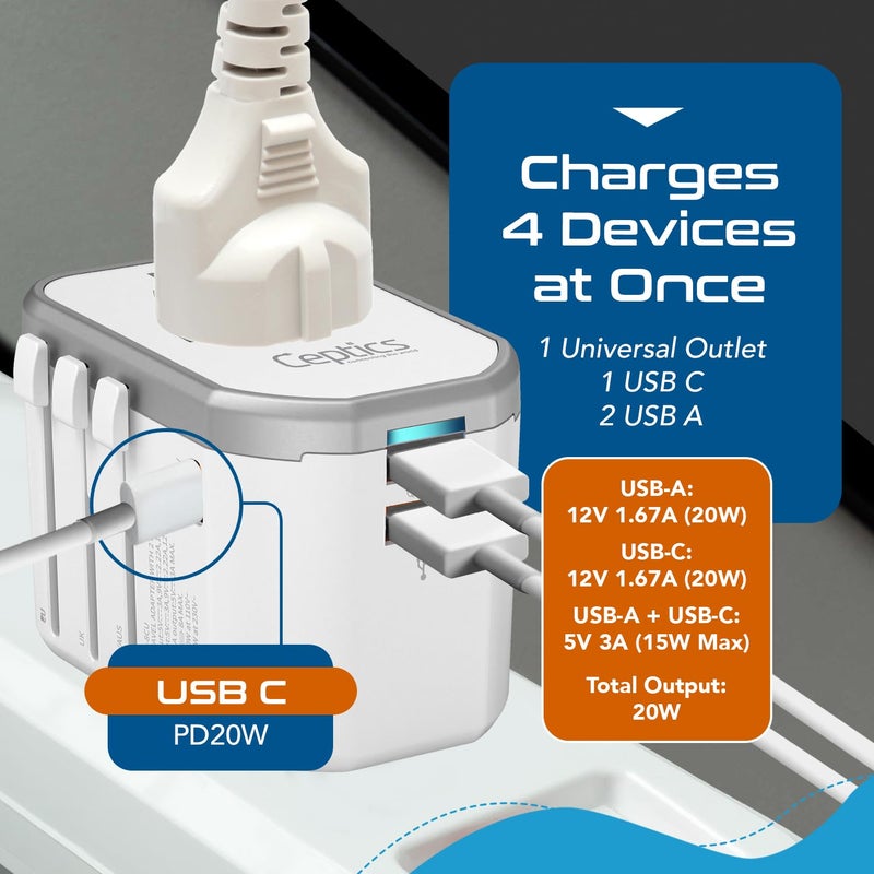 Ceptics 4 in 1 Universal Travel Adapter with Type C - Universal Plug Socket, USB QC 3.0-20W USB-C International Travel Adapter with Lifetime Limited Warranty, Worldwide Travel Adapter, White - Image 3