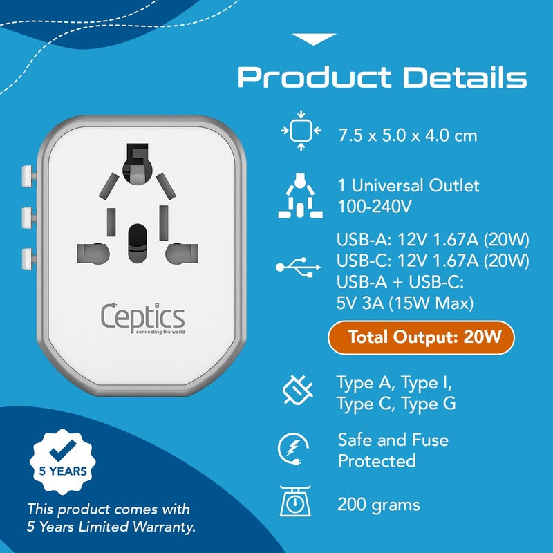 Ceptics 4 in 1 Universal Travel Adapter with Type C - Universal Plug Socket, USB QC 3.0-20W USB-C International Travel Adapter with Lifetime Limited Warranty, Worldwide Travel Adapter, White - Image 5