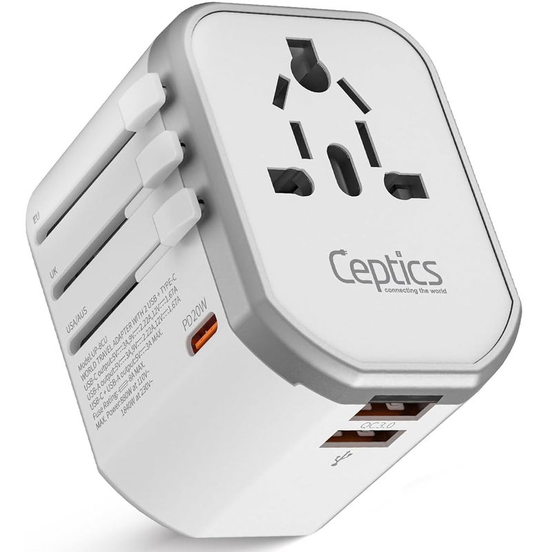 Ceptics 4 in 1 Universal Travel Adapter with Type C - Universal Plug Socket, USB QC 3.0-20W USB-C International Travel Adapter with Lifetime Limited Warranty, Worldwide Travel Adapter, White - Image 1
