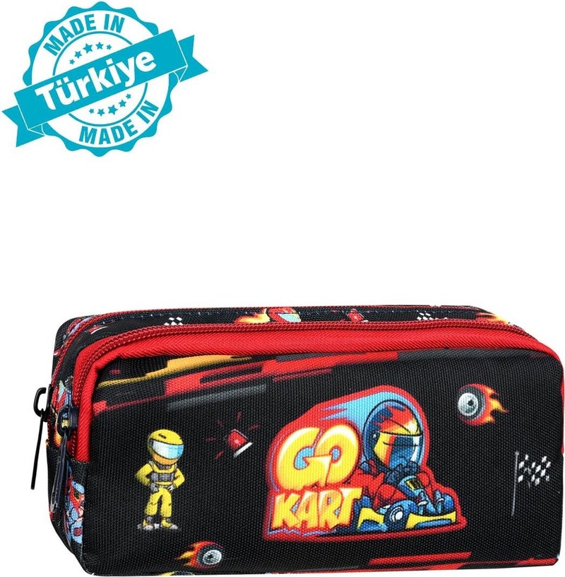 Waddell Licensed Black-Red Go Kart Patterned 2 Pocket Pencil Case - Image 1