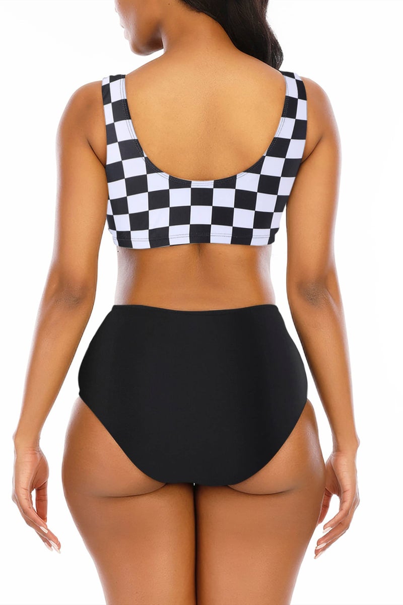 Adisputent Womens High Waisted Bikini Bandeau Top Crop Sporty Scoop Neck Swimsuits High Cut Bottoms Two Piece Bathing Suits Black Checkered M - Image 2