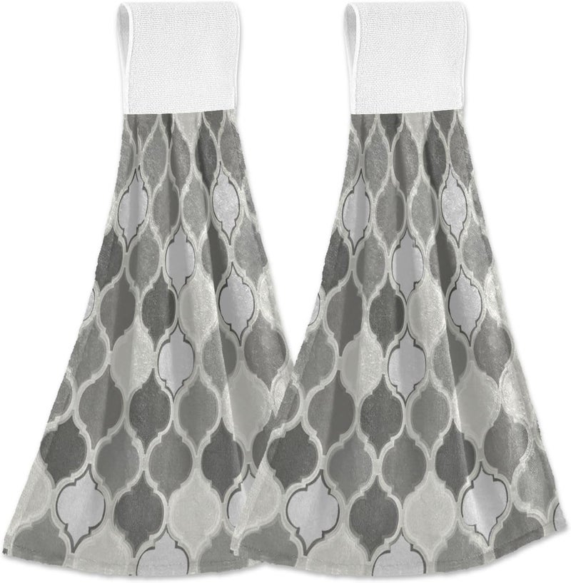 Dussdil Arabic Moroccan Lattice Kitchen Hanging Towel 12 x 17 Inch Gray Geometric Plaid Tartan Hand Tie Towels Set 2 Pcs Tea Bar Dish Cloths Dry Towel Soft Absorbent Durable for Bathroom Laundry Room Decor - Image 1