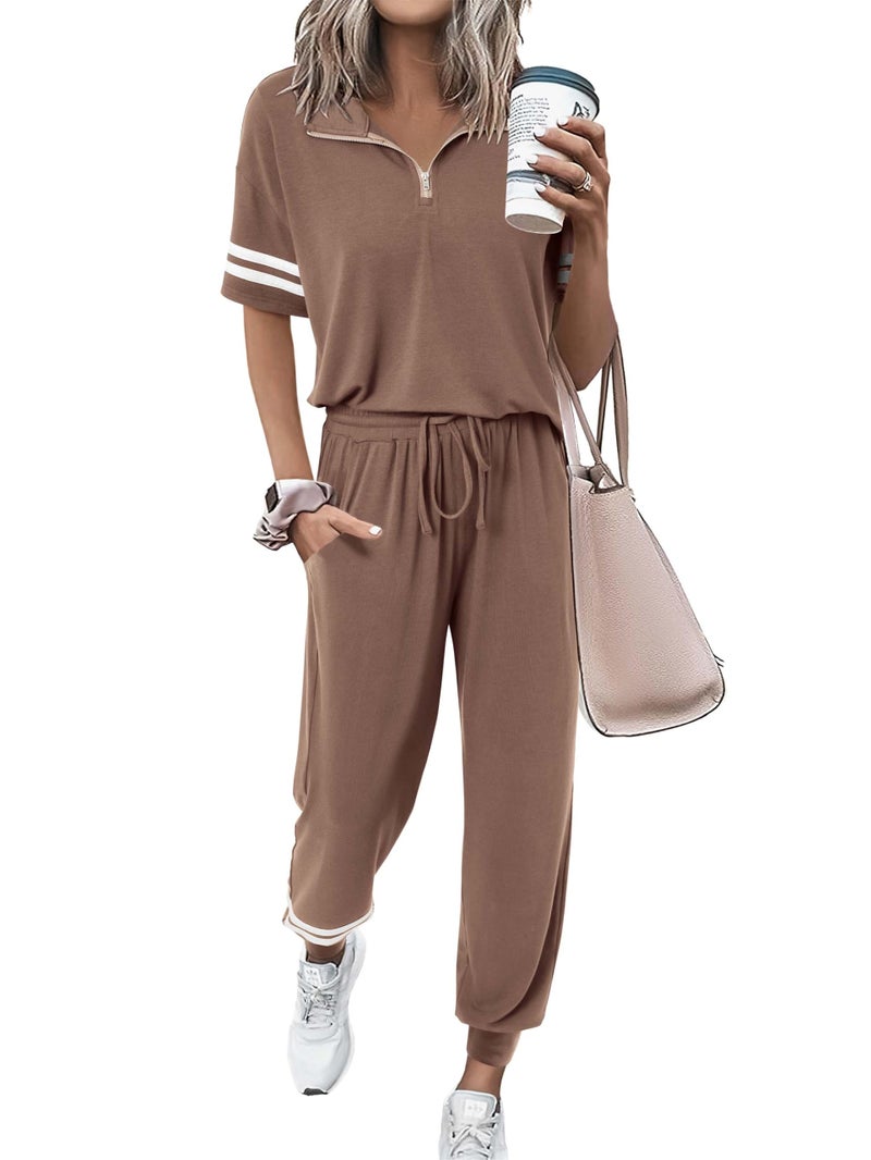 MASCOMODA Womens Two Piece Outfits 2026 Summer Short Sleeve Quarter Zip Pullover Tops Jogger Pants Tracksuit Loungewear Set(Dark Khaki,Small) - Image 1