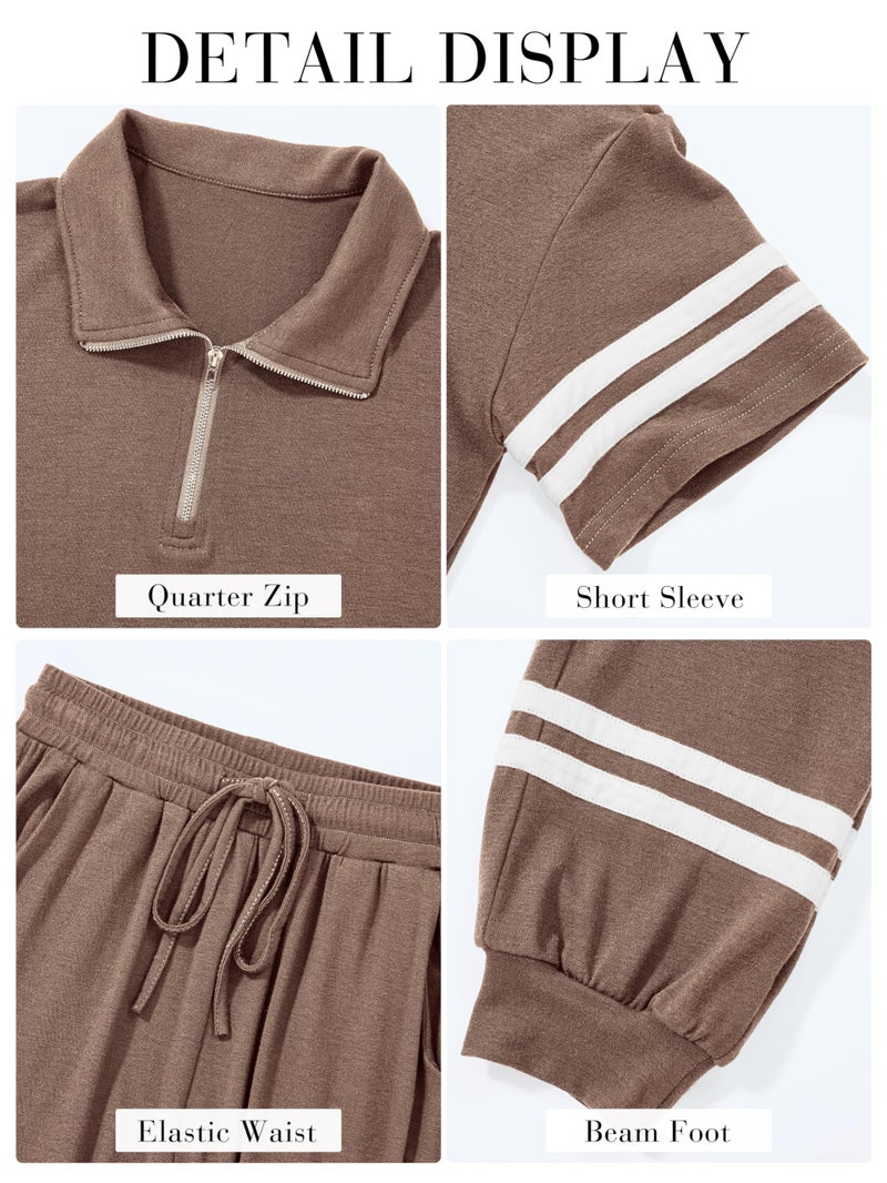 MASCOMODA Womens Two Piece Outfits 2026 Summer Short Sleeve Quarter Zip Pullover Tops Jogger Pants Tracksuit Loungewear Set(Dark Khaki,Small) - Image 5