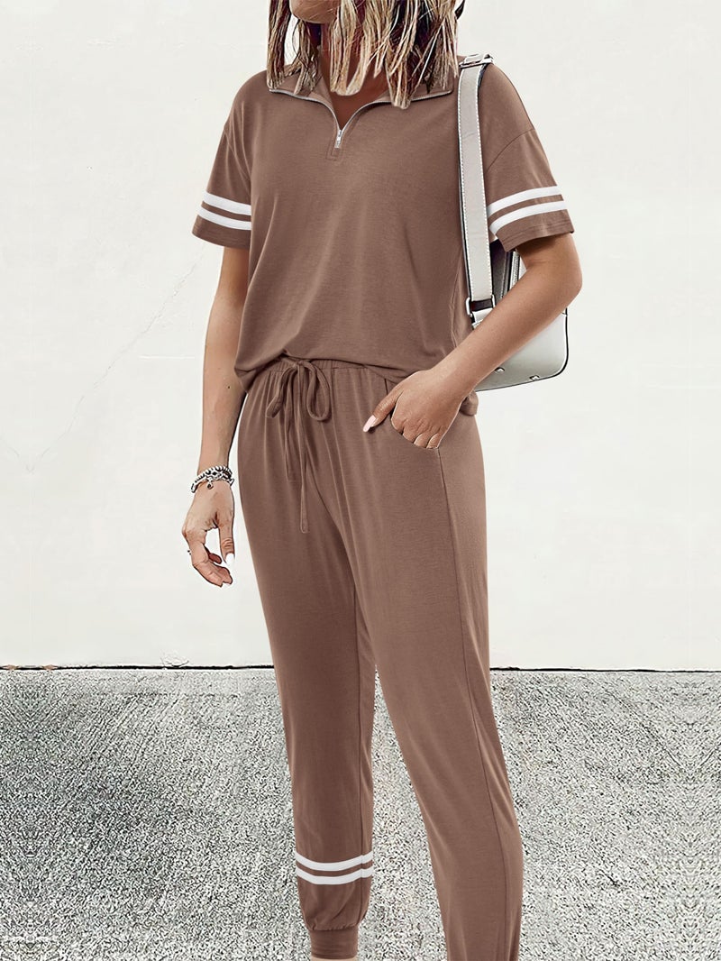 MASCOMODA Womens Two Piece Outfits 2026 Summer Short Sleeve Quarter Zip Pullover Tops Jogger Pants Tracksuit Loungewear Set(Dark Khaki,Small) - Image 2