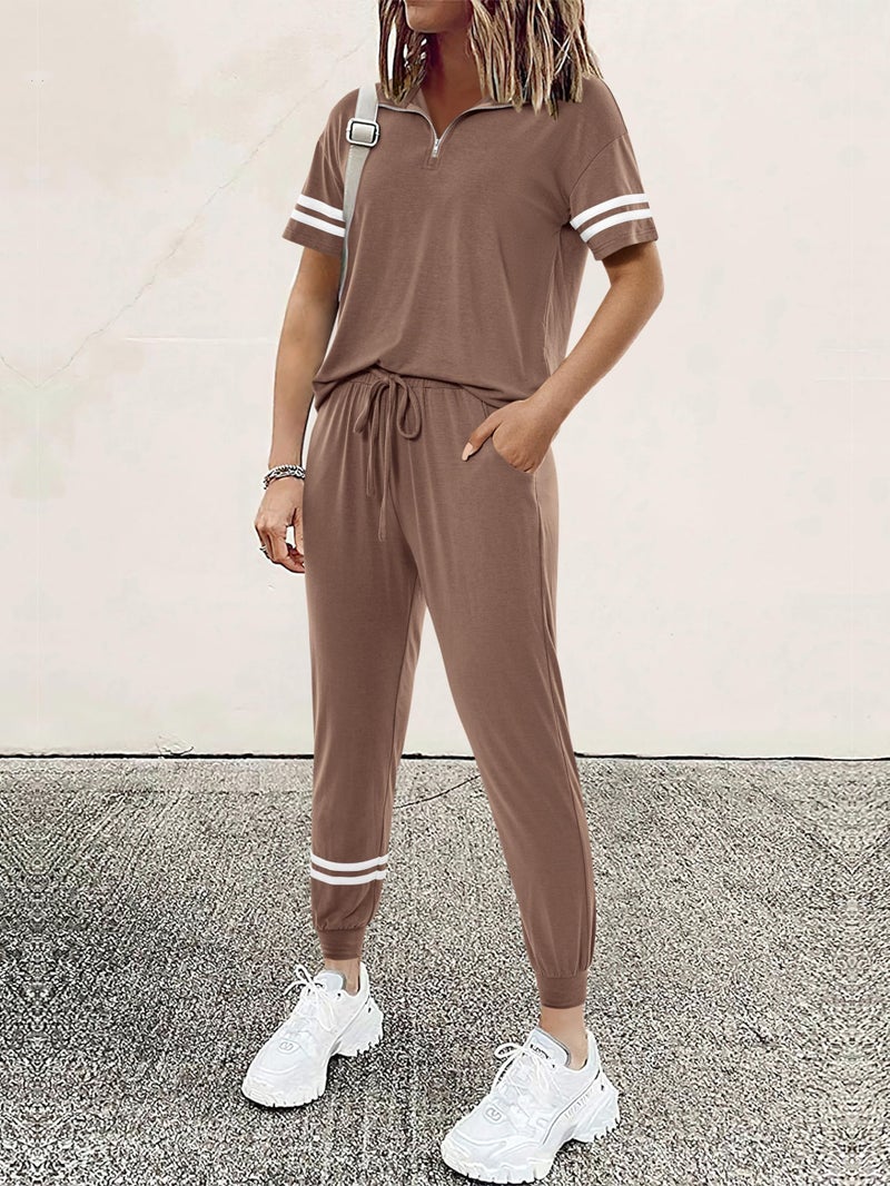 MASCOMODA Womens Two Piece Outfits 2026 Summer Short Sleeve Quarter Zip Pullover Tops Jogger Pants Tracksuit Loungewear Set(Dark Khaki,Small) - Image 3