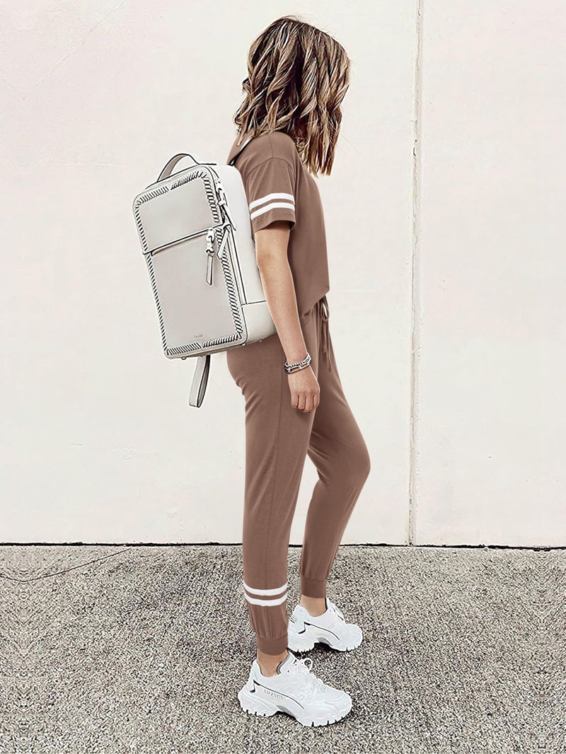 MASCOMODA Womens Two Piece Outfits 2026 Summer Short Sleeve Quarter Zip Pullover Tops Jogger Pants Tracksuit Loungewear Set(Dark Khaki,Small) - Image 4