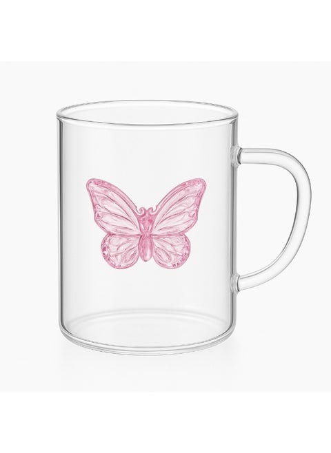 Clear glass cup printed with butterfly and handle suitable for coffee, tea, drinks, dessert, breakfast, milk, 2 pieces, borosilicate glass
