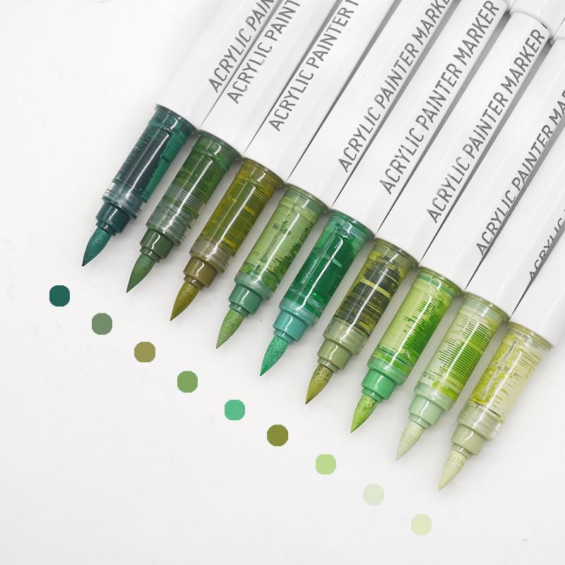 Yolaka Water Based Acrylic Paint Markers Green, 9 Colors Acrylic Paint Pens Set with Soft Brush Tip, Marker Pen for Rock Painting, Egg, Wood, Glass, Paper, Mugs, Acrylic Painter Ink (Green Series-2) - Image 1
