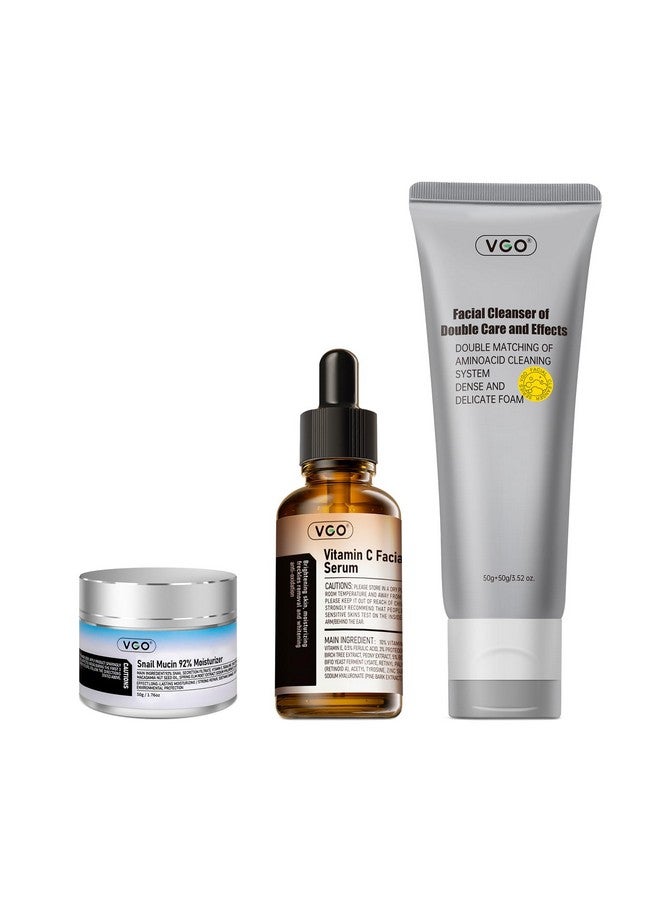 VGO Skin Care Set, with Snail Mucin 92% Moisturizer 1.76 Oz, Vitamin C Serum 1.01 Oz & Dual-Tube Facial Cleanser 3.52 Oz, 3 Step Skin Care Kit - Image 1