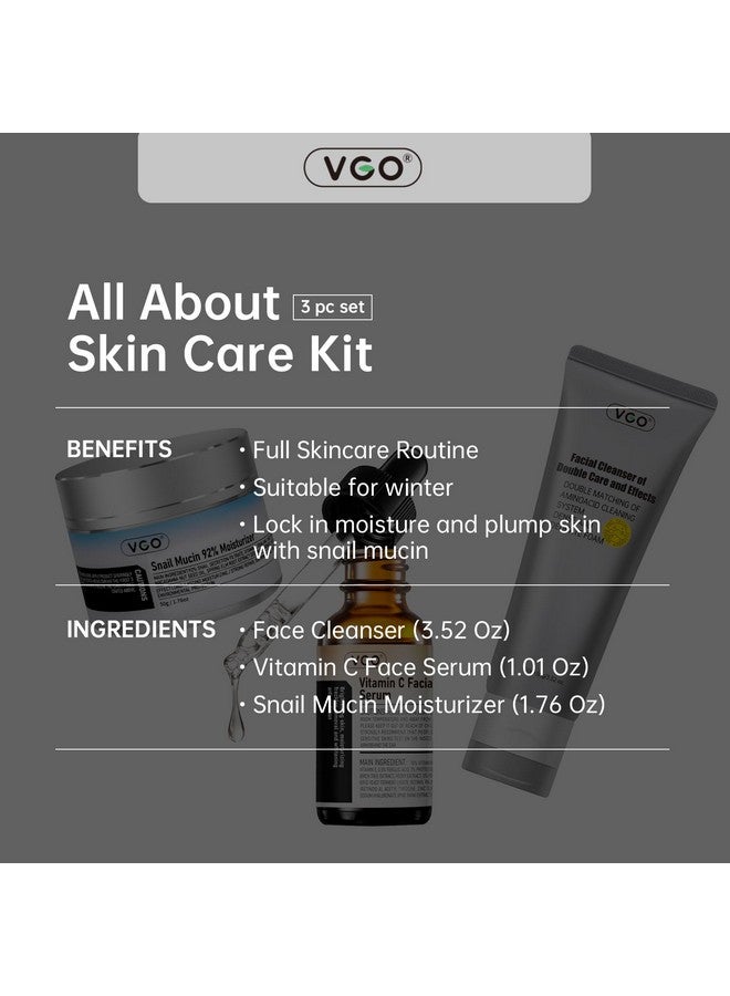 VGO Skin Care Set, with Snail Mucin 92% Moisturizer 1.76 Oz, Vitamin C Serum 1.01 Oz & Dual-Tube Facial Cleanser 3.52 Oz, 3 Step Skin Care Kit - Image 2