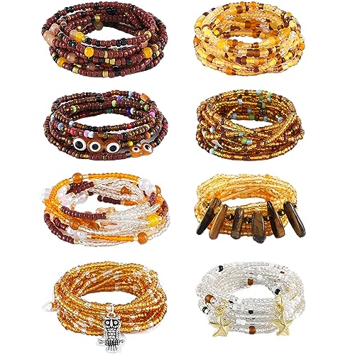 ELABEST 50” Tie-on African Waist Beads for Women Non Stretching 8Pcs Belly Beads Plus Size Colorful Handmade Beaded Waist Jewelry Accessories Body Chain(Brown) - Image 2