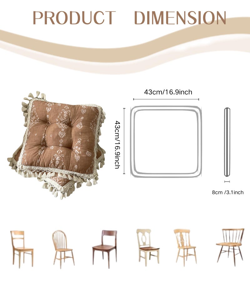 Huierxun Floral Printed Chair Pads with Tassels Boho Cotton Linen Square Chair Cushions 17x17x3 Inch Vintage Farmhouse Seat Cushion for Living Room Kitchen and Officewooden Chair (Coffee,17"x17") - Image 4