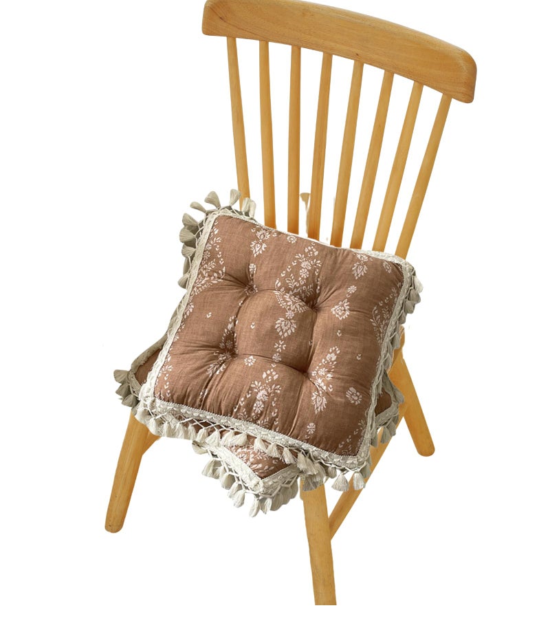 Huierxun Floral Printed Chair Pads with Tassels Boho Cotton Linen Square Chair Cushions 17x17x3 Inch Vintage Farmhouse Seat Cushion for Living Room Kitchen and Officewooden Chair (Coffee,17"x17") - Image 2