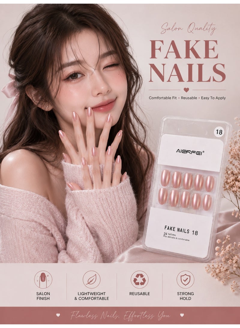 AIERFEI Premium Pearl Pink Glossy Press On Nails – 24 Pcs Reusable Fake Nails Set for Women, Short Oval Full Cover Artificial Nails with Comfortable Fit for Daily Wear & Parties - Image 3