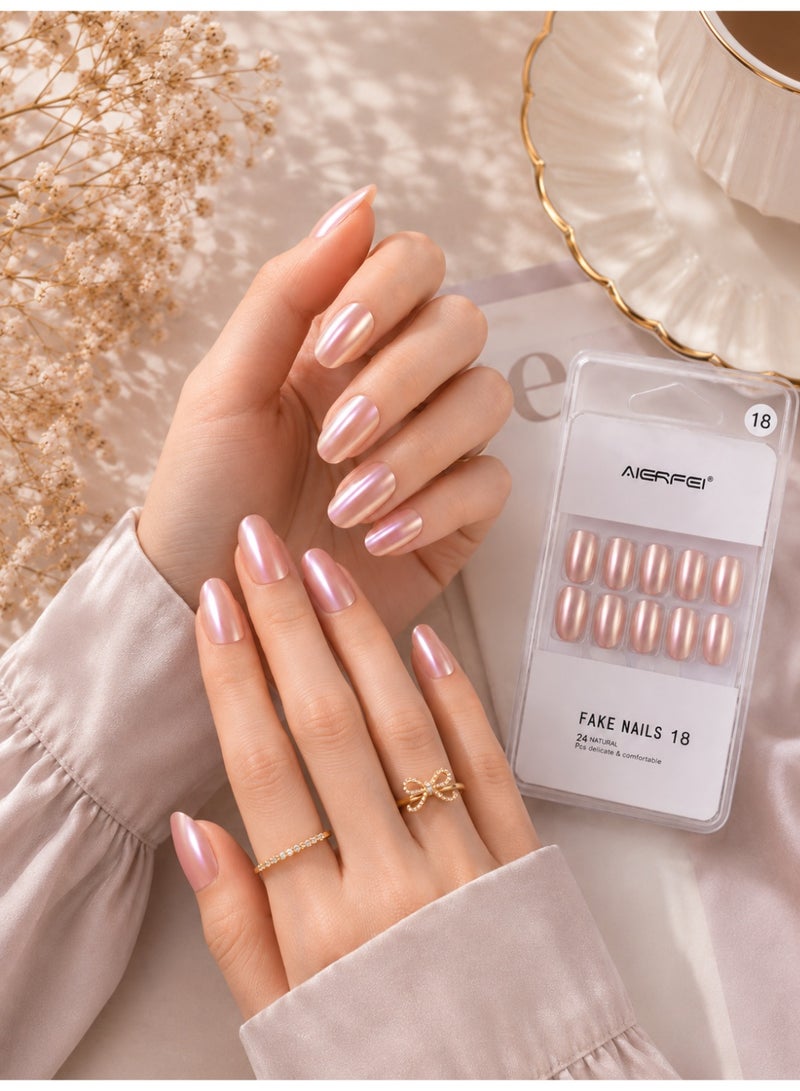 AIERFEI Premium Pearl Pink Glossy Press On Nails – 24 Pcs Reusable Fake Nails Set for Women, Short Oval Full Cover Artificial Nails with Comfortable Fit for Daily Wear & Parties - Image 1