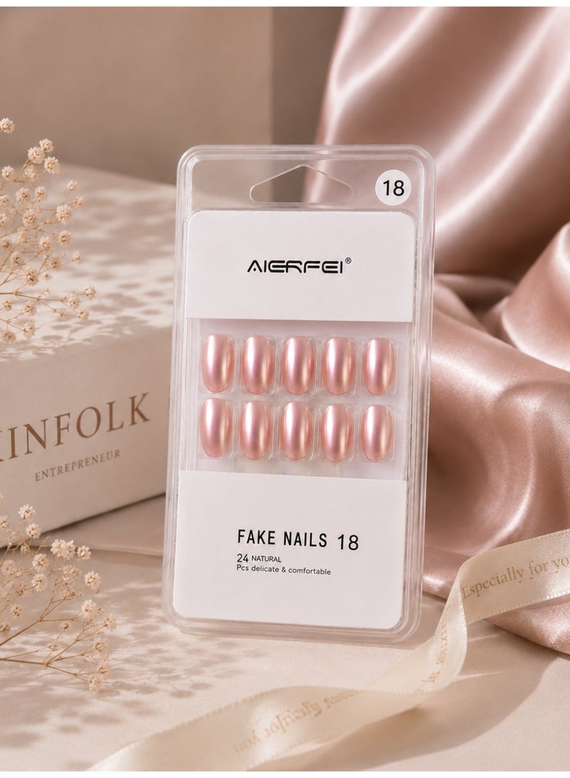 AIERFEI Premium Pearl Pink Glossy Press On Nails – 24 Pcs Reusable Fake Nails Set for Women, Short Oval Full Cover Artificial Nails with Comfortable Fit for Daily Wear & Parties - Image 2
