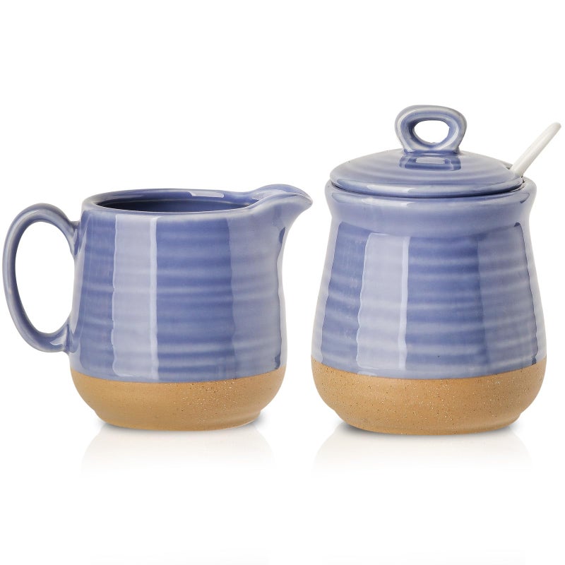 Hasense Sugar and Creamer Set with Lid Spoon Porcelain Cream Container and Sugar Bowls Set for Countertop Vintage Coffee Serving Set Sugar Holder and Creamer Pitcher Set for Home Decor Sky Blue