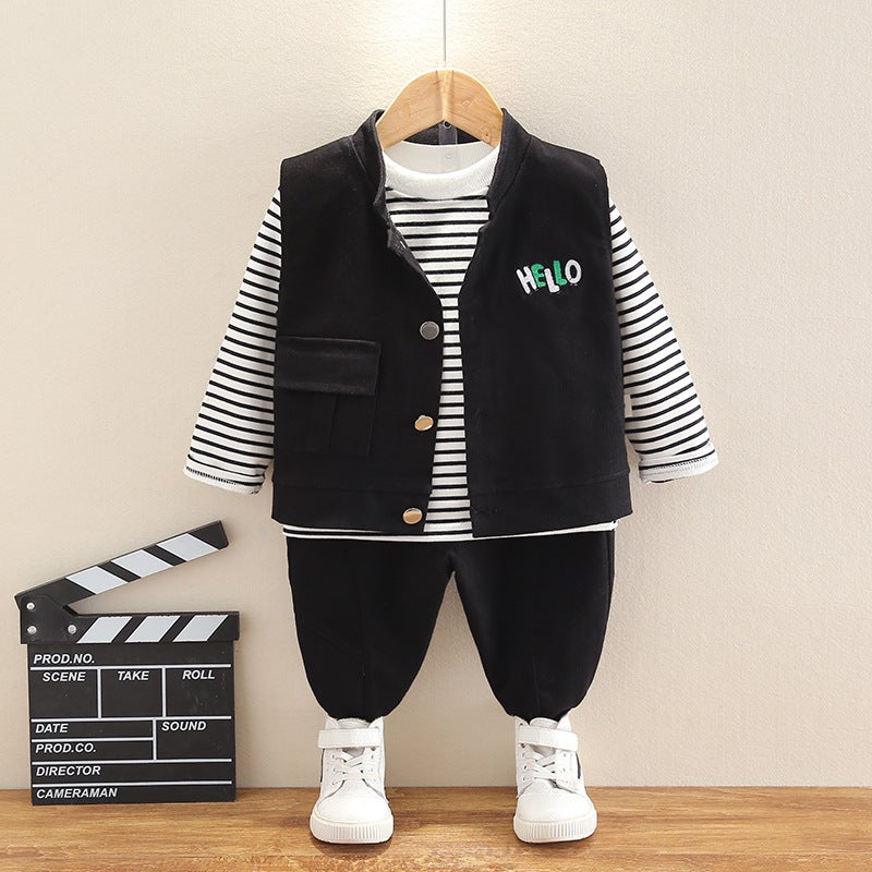 Spring and Autumn Korean style boys baby clothes infant workwear vest three-piece suit fashionable new fashion childrens clothing direct sales Black - Image 1
