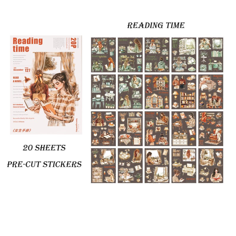 Auguro Scrapbooking Sticker 20 Sheets 120 Pre-Cut PET Girls Read Stickers People Sticker Books for journaling Scrapbook Supplies Transparent Stickers for journaling - Image 4