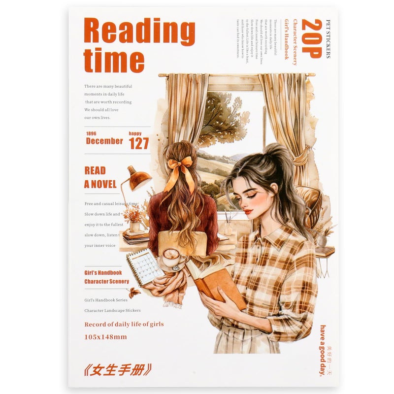 Auguro Scrapbooking Sticker 20 Sheets 120 Pre-Cut PET Girls Read Stickers People Sticker Books for journaling Scrapbook Supplies Transparent Stickers for journaling - Image 1