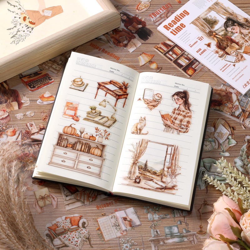 Auguro Scrapbooking Sticker 20 Sheets 120 Pre-Cut PET Girls Read Stickers People Sticker Books for journaling Scrapbook Supplies Transparent Stickers for journaling - Image 3