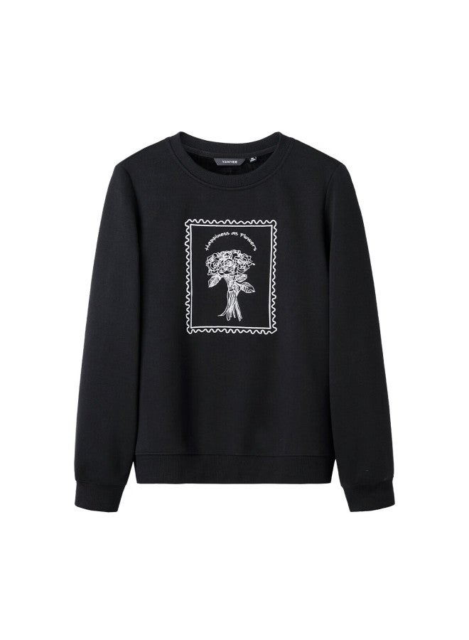 Yanyee Black Embroidered Crew Neck Sweatshirt For Women, Autumn/winter Fashionable Versatile Knit Top For Commuting, Black, XL - Image 3