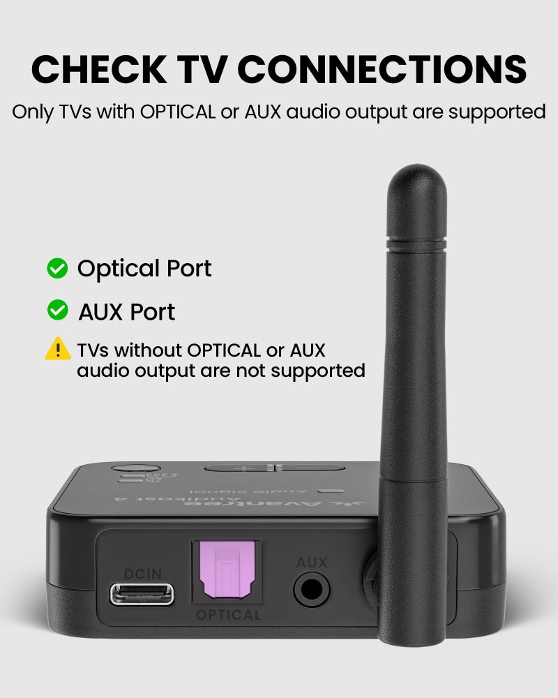 Avantree Audikast 4HA â€“ Auracast TV Transmitter & Streamer for Selected Hearing Aids, Personal TV Listening at Your Own Volume, Optical & AUX, Future-Ready & Upgradeable - Image 5