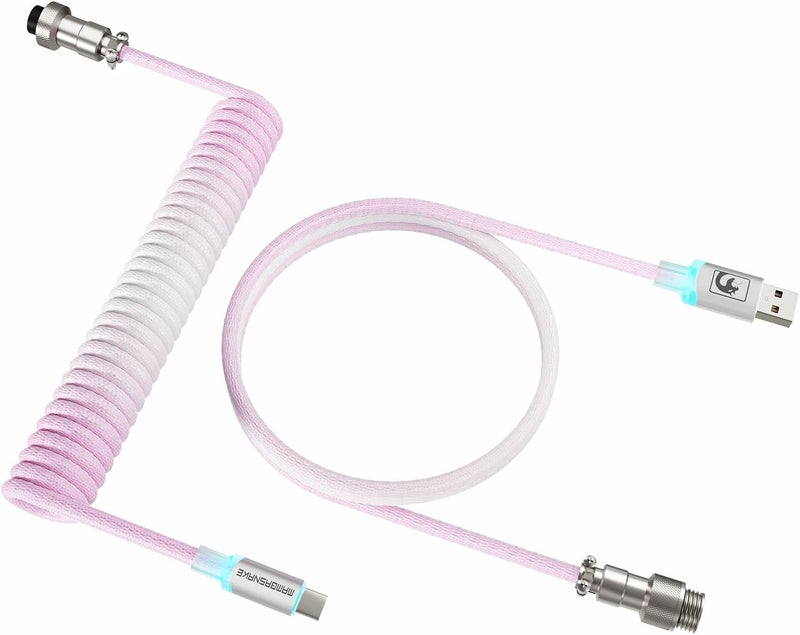 MAMBASNAKE Coiled USB C Cable for Gaming Keyboard with RGB Lighting, Nylon Braided With Detachable 4-Pin Aviator, HyperSpeed Type C With 8KHz Return Rate, 4.92ft Length (C01 ULTIMATE/WhitePink) - Image 1