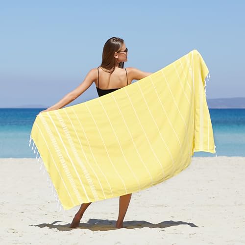 WETCAT Turkish Beach Towel Oversized 38x71 100% Cotton Sand Free Quick Dry Extra Large Light Travel Towel for Adults Beach Accessories Gifts (Yellow, Beach Towel (38" x 71")) - Image 2