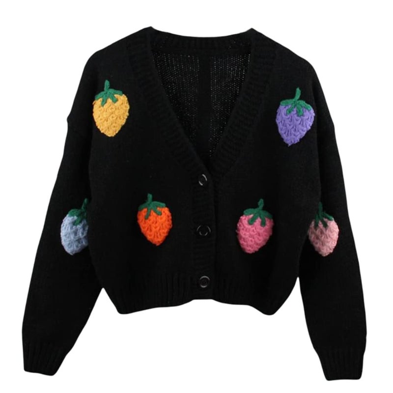 HOULENGS Women's Kawaii Strawberry Embroidered Button Down Cardigan Sweater Long Sleeve V Neck Knitted Crop Sweater Coat Black One Size - Image 1