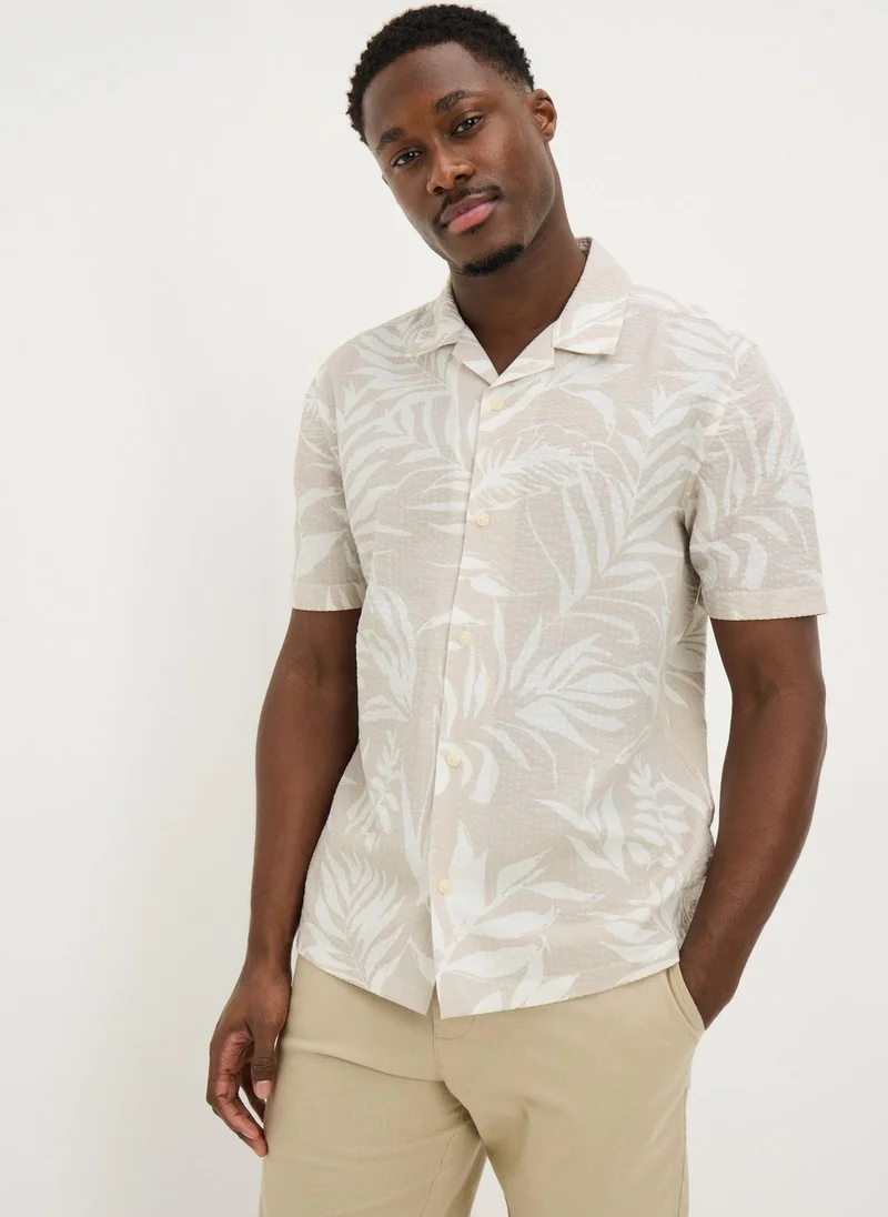 Matalan Stone Palm Seersucker Short Sleeve Shirt