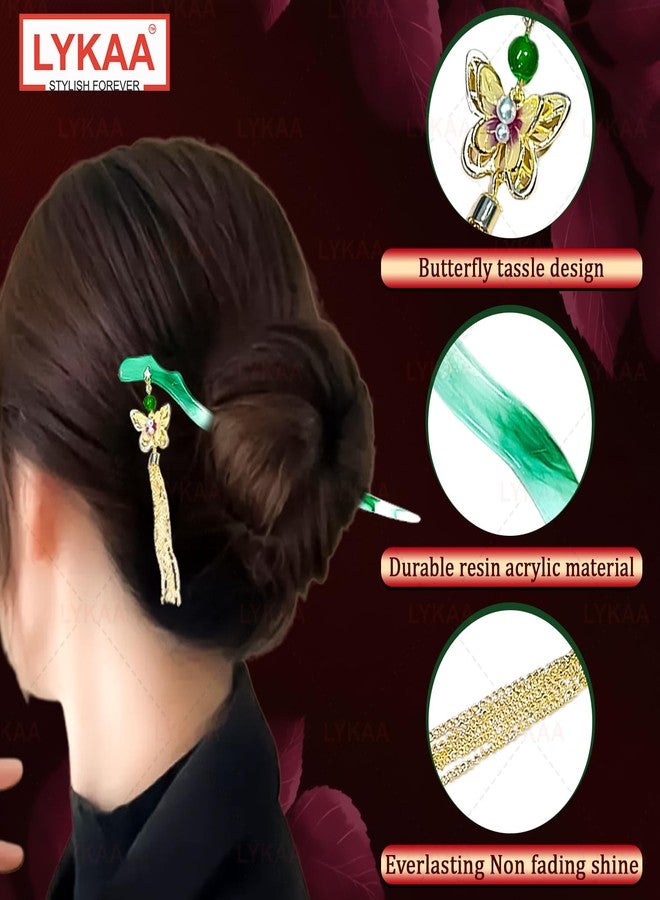 Lykaa Elegant Chinese Style Hair Stick for Women & Girls | Jade Green Hair Pin with Butterfly Tassel Pendant | Vintage Bun Hair Accessory for Traditional & All Occasion (Pack of 1) - Image 3