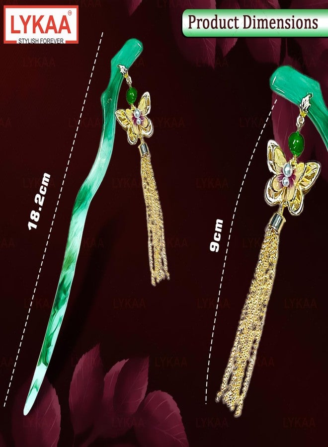 Lykaa Elegant Chinese Style Hair Stick for Women & Girls | Jade Green Hair Pin with Butterfly Tassel Pendant | Vintage Bun Hair Accessory for Traditional & All Occasion (Pack of 1) - Image 2
