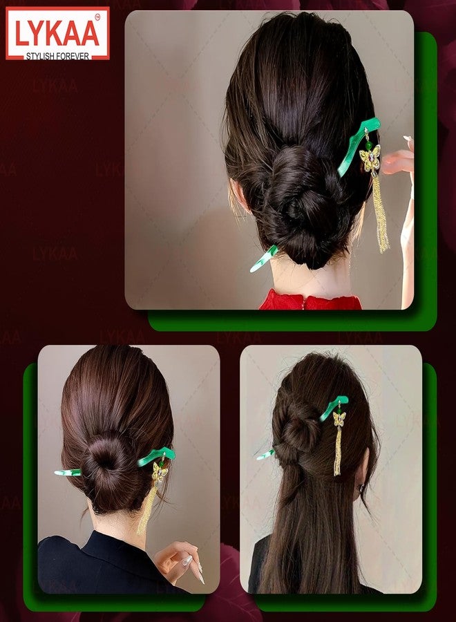 Lykaa Elegant Chinese Style Hair Stick for Women & Girls | Jade Green Hair Pin with Butterfly Tassel Pendant | Vintage Bun Hair Accessory for Traditional & All Occasion (Pack of 1) - Image 4