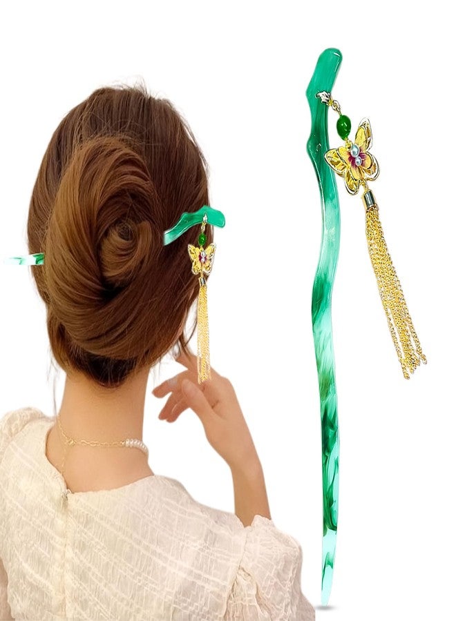 Lykaa Elegant Chinese Style Hair Stick for Women & Girls | Jade Green Hair Pin with Butterfly Tassel Pendant | Vintage Bun Hair Accessory for Traditional & All Occasion (Pack of 1) - Image 1