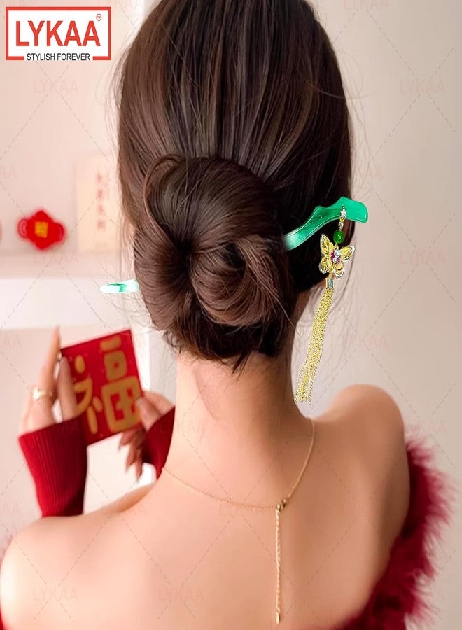 Lykaa Elegant Chinese Style Hair Stick for Women & Girls | Jade Green Hair Pin with Butterfly Tassel Pendant | Vintage Bun Hair Accessory for Traditional & All Occasion (Pack of 1) - Image 5