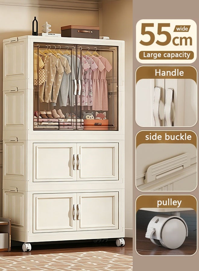 CozyNest 3-Tier Foldable Plastic Storage Cabinet with Transparent & Solid Mixed Panels, Flip Door & Wheels55cm Wide Stackable Organizer - Image 2