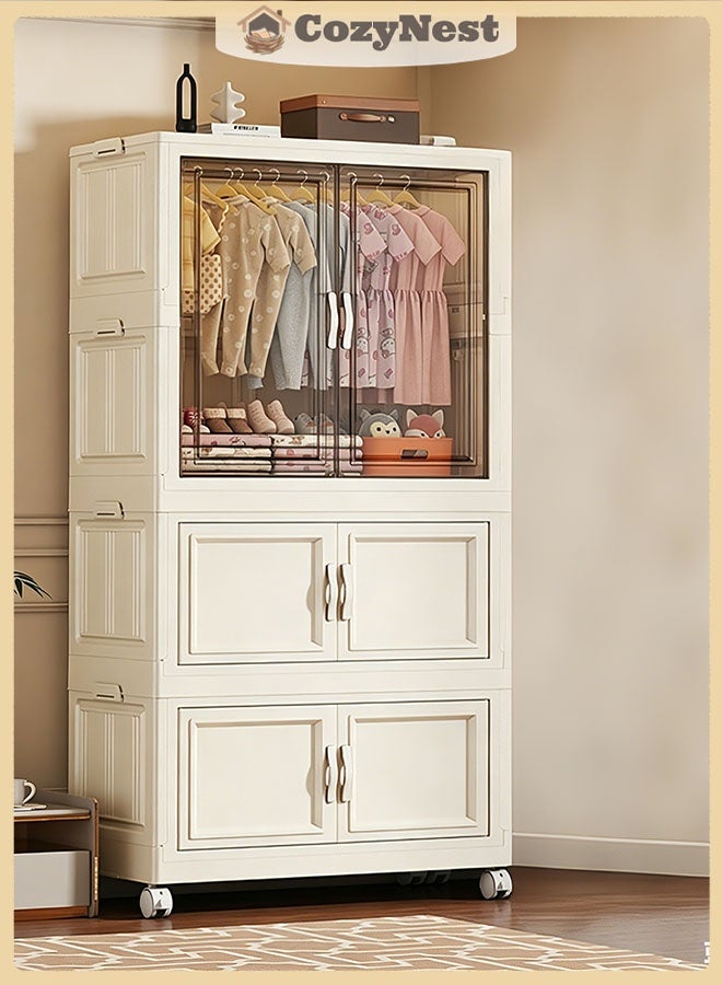 CozyNest 3-Tier Foldable Plastic Storage Cabinet with Transparent & Solid Mixed Panels, Flip Door & Wheels55cm Wide Stackable Organizer - Image 1