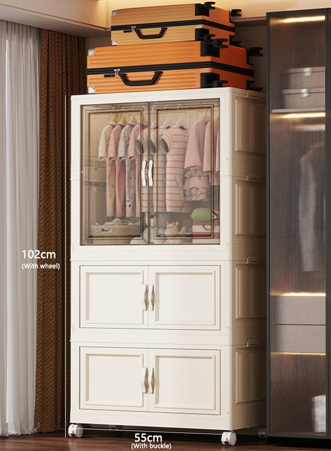 CozyNest 3-Tier Foldable Plastic Storage Cabinet with Transparent & Solid Mixed Panels, Flip Door & Wheels55cm Wide Stackable Organizer - Image 4
