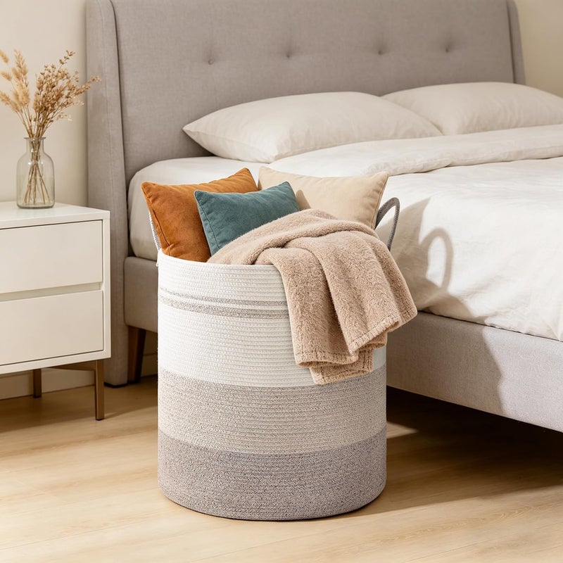 SunNewt Tall Laundry Basket with Handles, 58L Portable Dirty Clothes Hamper, Boho Cotton Rope Storage Bin for Blankets Kids Toys Gifts, Decorative Organizer for Nursery Bedroom Bathroom, Brown Striped - Image 5