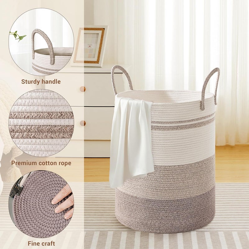 SunNewt Tall Laundry Basket with Handles, 58L Portable Dirty Clothes Hamper, Boho Cotton Rope Storage Bin for Blankets Kids Toys Gifts, Decorative Organizer for Nursery Bedroom Bathroom, Brown Striped - Image 3