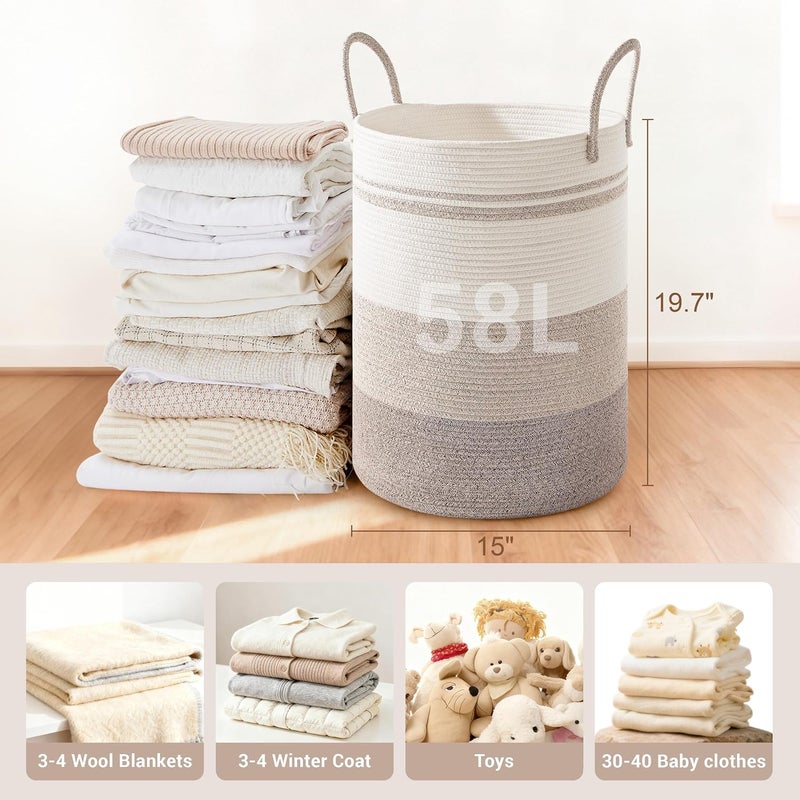 SunNewt Tall Laundry Basket with Handles, 58L Portable Dirty Clothes Hamper, Boho Cotton Rope Storage Bin for Blankets Kids Toys Gifts, Decorative Organizer for Nursery Bedroom Bathroom, Brown Striped - Image 2