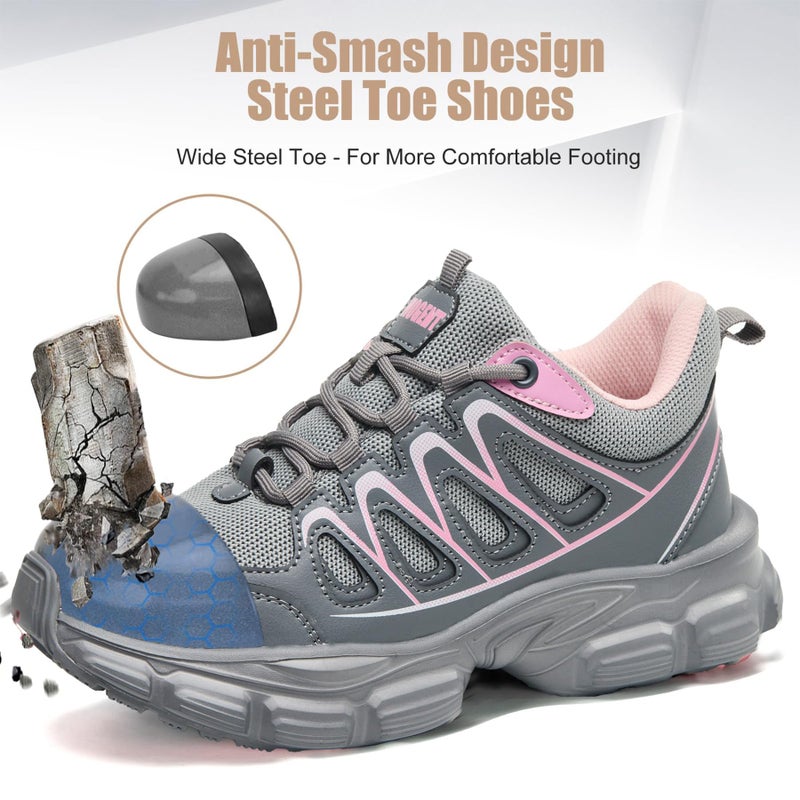 Hogent Steel Toe Shoes for Women Men Wide Non Slip Composite Work Sneakers Indestructible Comfortable Safety Tennis Shoes Lightweight Breathable Construction Sneakers Puncture Proof Ergonomic Design - Image 3