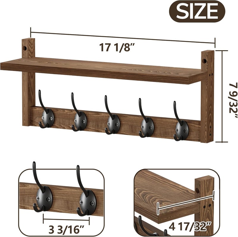 AMBIRD Wall Hooks With Shelf - Entryway Wood Coat Rack With 5 Dual Hooks for Bathroom, Living Room, Bedroom (Retro-17.12inch) - Image 3