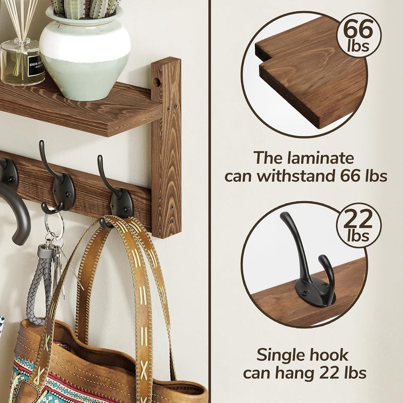 AMBIRD Wall Hooks With Shelf - Entryway Wood Coat Rack With 5 Dual Hooks for Bathroom, Living Room, Bedroom (Retro-17.12inch) - Image 2