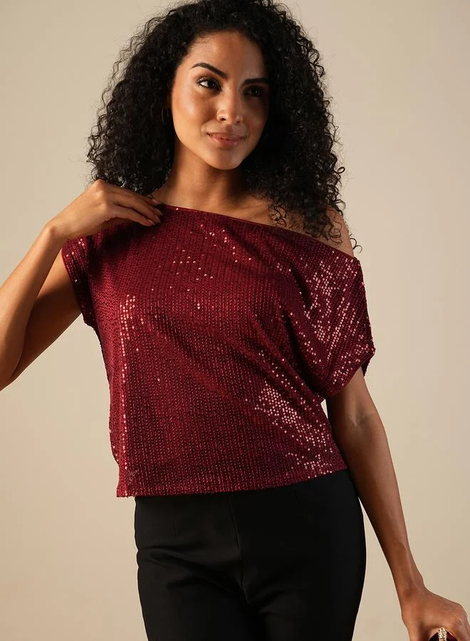 globus Globus Women Maroon Embellished Asymmetric Neck Top