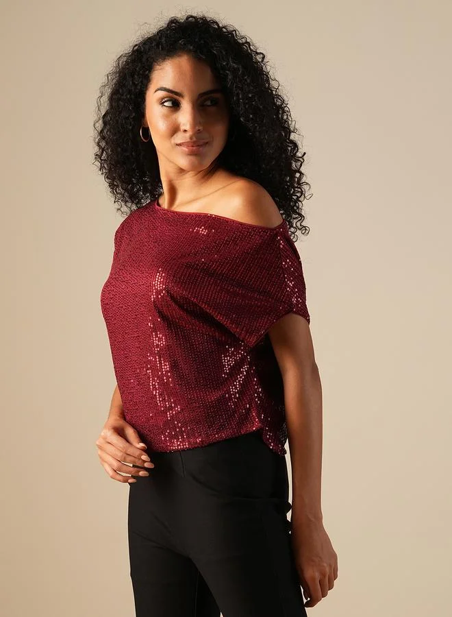 globus Globus Women Maroon Embellished Asymmetric Neck Top