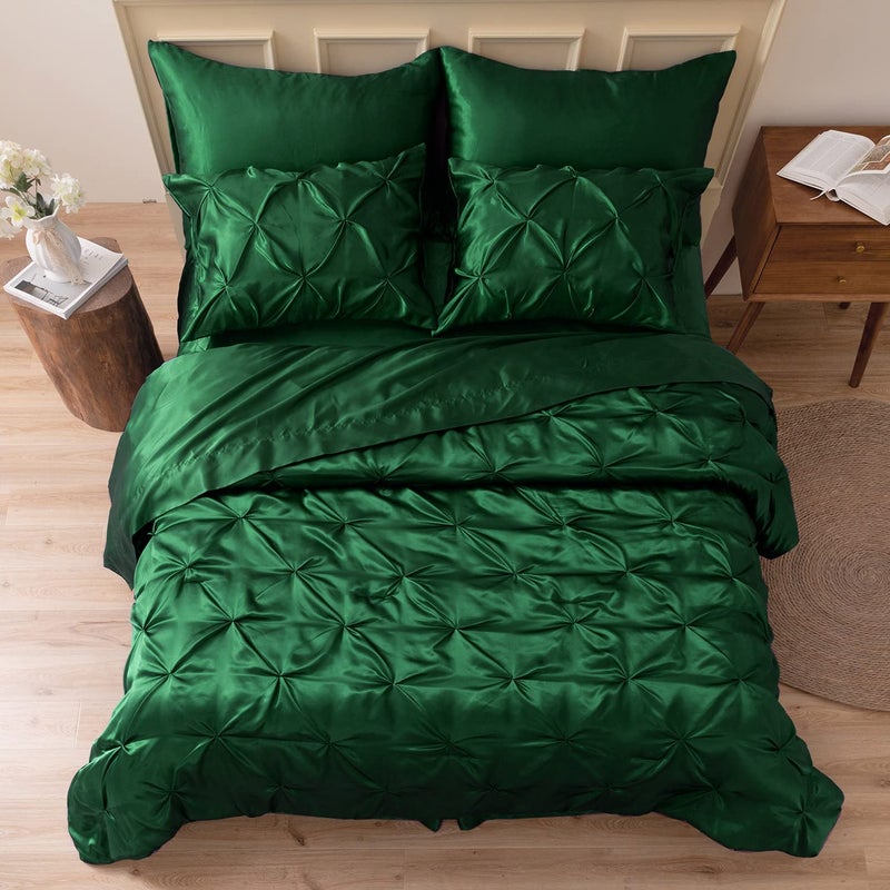 MRHM Satin Comforter Queen 7 Pieces  Luxurious Pinch Pleat Bedding Set with Comforter Flat Sheet Fitted Sheet Pillowcases  Shams Super Silky Soft Bed Set for All Season Queen Dark Green